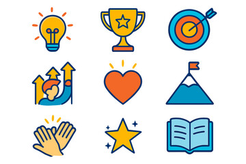 Creative icons representing achievement and motivation with symbols of success, love, and growth in bright colors