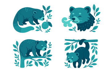 Cute animal illustrations featuring playful marsupials among leaves in a blue-green color palette