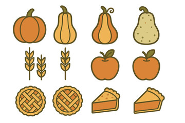 Colorful autumn harvest icons featuring pumpkins, squash, pears, apples, grains, and delicious pies
