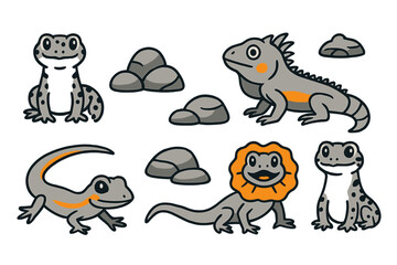 Colorful cartoon reptiles posing with rocks in a fun and playful setting filled with creativity