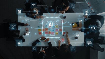 A group of professionals engaged in a business meeting about AI strategy, surrounded by technology icons and notes, showcasing innovation and collaboration in a modern office setting. Raster