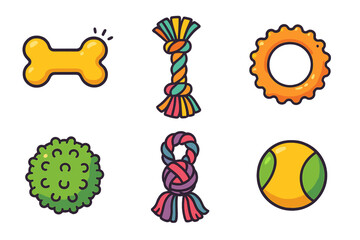 Vibrant collection of dog toys featuring a bone, rope, squeaky ring, and balls in cheerful colors