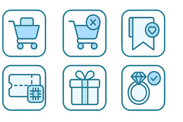Icons representing shopping activities including cart, wishlist, ticket, gift, and engagement ring