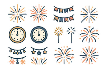 Decoration elements for celebrations with fireworks and clocks marking the countdown to midnight