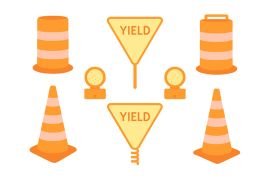 Various traffic cones and yield signs arranged in a simple pattern with bright colors