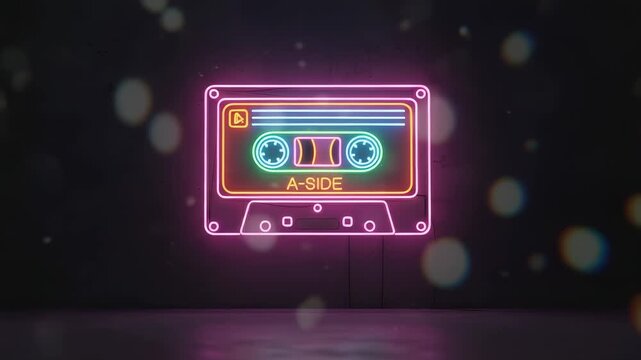 Brightly colored neon sign shaped like a retro audio cassette tape glowing on a dark wall with floating bokeh lights, creating a nostalgic, vibrant atmosphere for a music party celebration