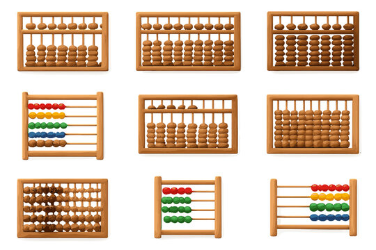 Different designs of wooden abacuses displayed in a grid format highlighting traditional counting tools