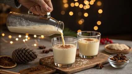 Pouring creamy eggnog drink for holiday celebration