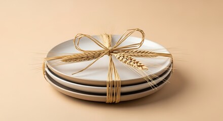 Stack of plates tied with wheat stalks on a beige background for a rustic table setting