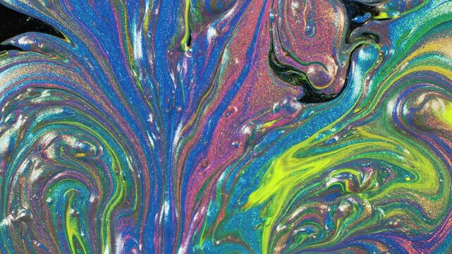 Seamless loop of iridescent liquid paint flowing slowly and mixing vibrant neon colors to create a futuristic abstract texture background mixing vibrant neon colors, seamless loop, artistic