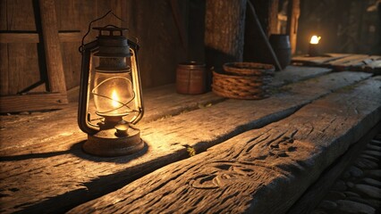 Rustic lantern illuminating weathered wooden planks