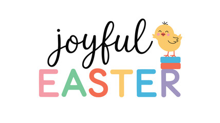 Fototapeta premium Cute little yellow chick sitting on colorful books with joyful easter text
