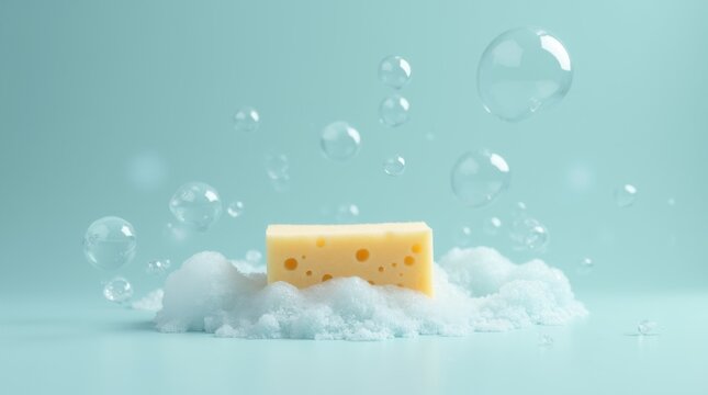 The sponge soaked in foam making a cool fresh washing moment 
