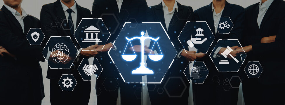 Dynamic business professionals surround a visual display of legal icons and scales, representing law, justice, and corporate ethics in a modern office setting. Trope