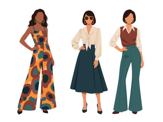 Flat vector set of stylish retro-inspired fashionable women in bold vintage outfits, ideal for nostalgic design themes and fashion artwork collections