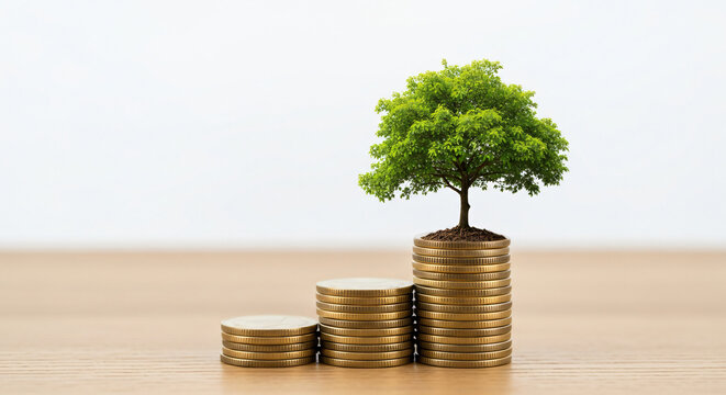 Financial growth and investment success represented by a lush green tree growing on stacked coins, symbolizing wealth, prosperity, and sustainable economic development