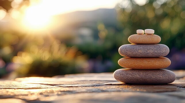 A stack of balanced stones sits on a wooden surface, with a blurred background of green foliage and a bright sunset. - Powered by Adobe
