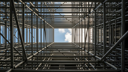 Looking Up Through Symmetrical Metal Construction Scaffolding