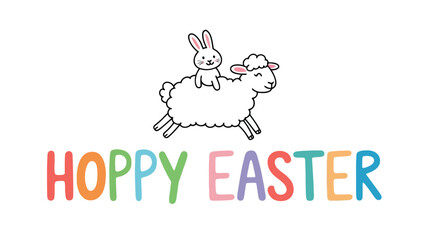 Cute cartoon bunny riding a fluffy sheep with colorful hoppy easter text below