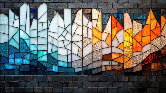A colorful stained glass cityscape design is set against a dark brick wall, with a gradient of colors representing a transition.