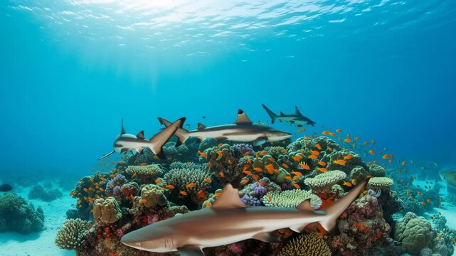 Blacktip Reef Sharks Swim Gracefully Over Vibrant Coral Reef Ecosystem With Small Orange Fish Ai HD high quality video.
