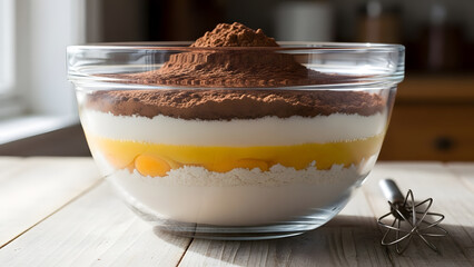 Glass Bowl with Layered Flour Eggs and Cocoa Powder