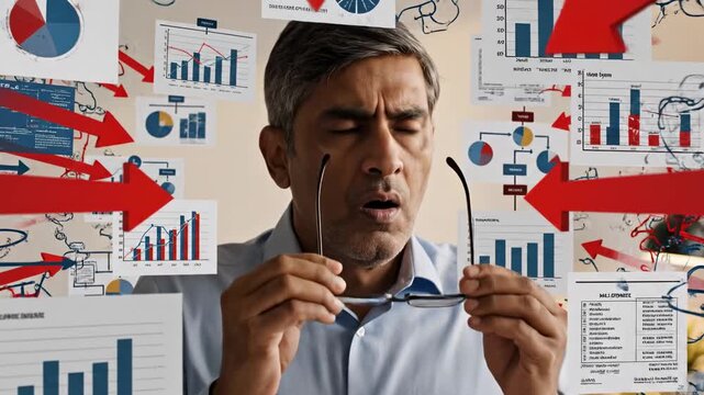 Frustrated middle aged man overwhelmed by excessive information, with his head exploding into a chaotic storm of animated graphs, charts, and arrows symbolizing stress, burnout, and mental pressure