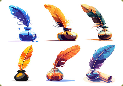Set of vector illustration of feather pens in glass inkwell with liquid ink, isolated on a white background