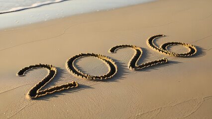 Elegant 2026 carved into smooth sand texture.