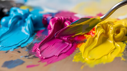 Artist Palette Knife Mixing Cyan Magenta and Yellow Oil Paints