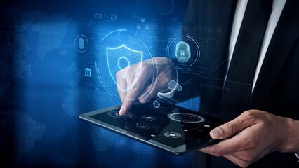 Cyber security interface with biometric and AI-powered protection system. Cyber security secures access, cybersecurity protects identity, cybersecurity detects threats, and defends data. Marrow