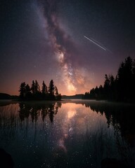 Starry night sky with Milky Way reflected perfectly on calm lake surrounded by pine trees