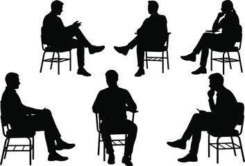Conference Students Sitting Silhouette Set | Black Vector People Icons on White Background