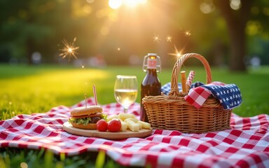 Sparkling independence day gathering in the park. festive Fourth of July picnic in the park featuring a checkered blanket, picnic basket filled with goodies, and vibrant patriotic decorations.