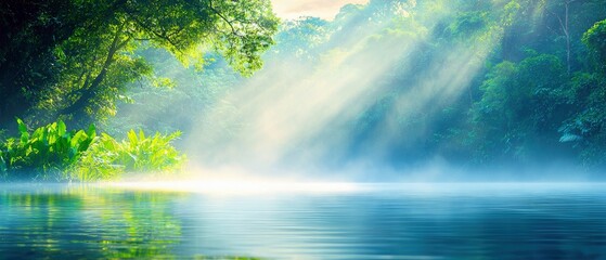 A tranquil scene of a lake surrounded by lush green forest, with sunlight streaming through the trees and reflecting on the water, creating a peaceful atmospher