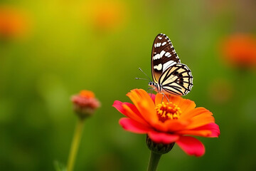 Obraz premium Black and white butterfly resting on a vibrant orange flower in a garden