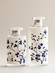 Two glass bottles with a floral design in blue and white on a neutral background. The bottles are clear glass with a decorative design.