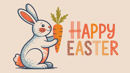 Cute cartoon bunny rabbit holding a large carrot with happy easter text in colorful lettering
