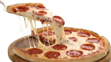 A fresh pepperoni pizza slice with abundant melted cheese stretches upwards, separate from the whole pie, highlighted on a black background.