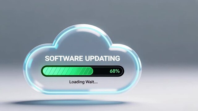 Cloud frame with glowing green progress bar showing software update and system optimization in progress