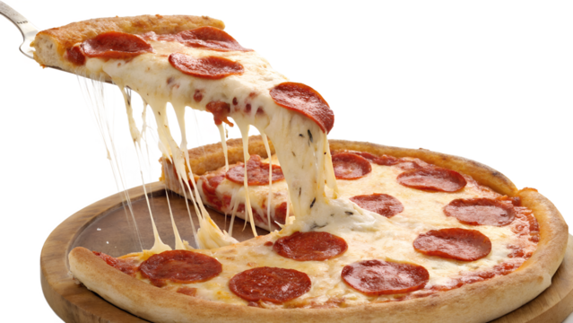 A fresh pepperoni pizza slice with abundant melted cheese stretches upwards, separate from the whole pie, highlighted on a black background.