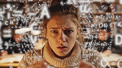 Young female student in a library overwhelmed by complex formulas and equations, experiencing stress, burnout, and mental breakdown from the chaos of information overload during exam preparation - Powered by Adobe