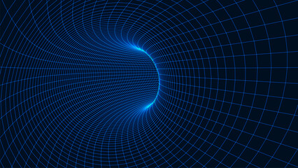 An abstract tunnel created from glowing lines forming a spatial grid. The glow of the lines creates a sense of movement, depth, and infinite immersion. Vector illustration