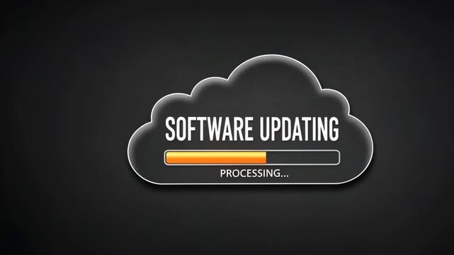 Cloud shape on dark background with glowing progress bar showing text software update, system optimization loading