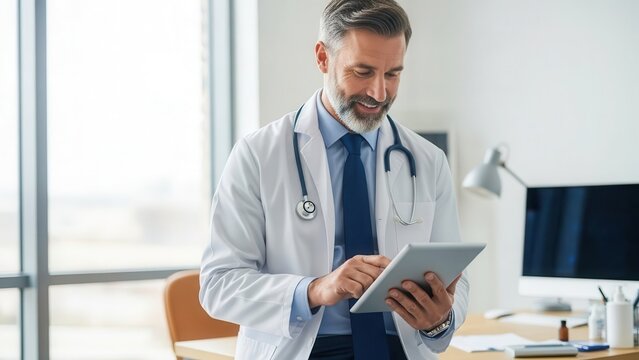 Smiling doctor in lab coat uses tablet, embracing modern medical technology