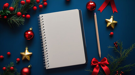 Blank notebook and pencil surrounded by festive christmas decorations