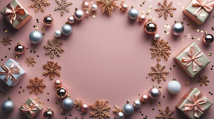Festive christmas wreath with gifts ornaments and snowflakes on pink background