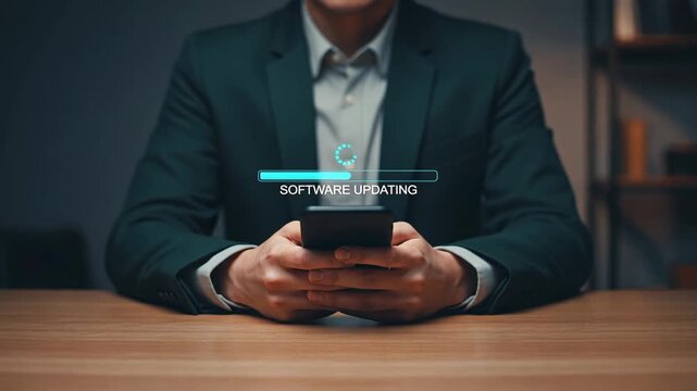 Businessman holding phone at desk with glowing progress bar showing software update and system optimization concept