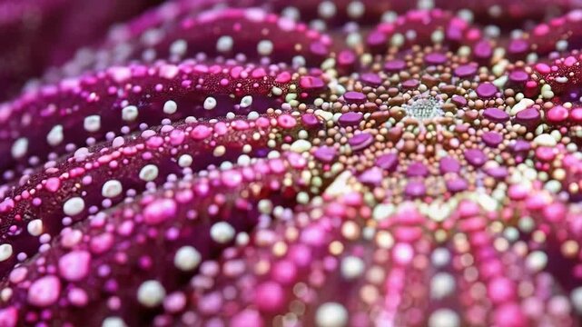 Close-up of a purple sea star with pink and white raised dots along its textured surface.
