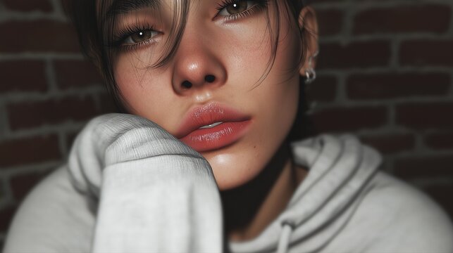 Young caucasian female with intense gaze in casual hoodie against brick wall